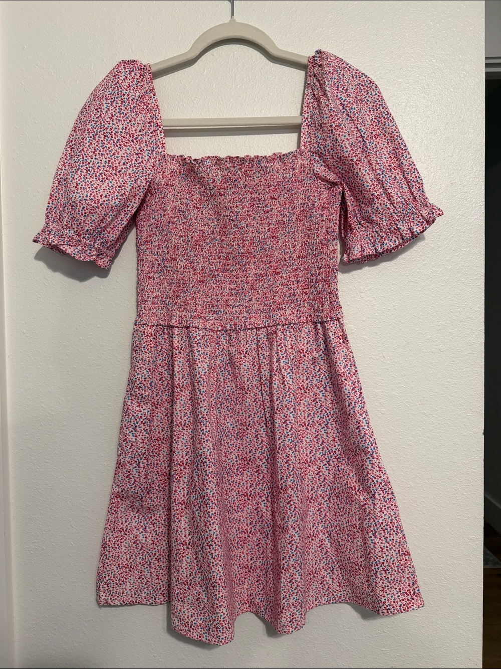 French Connection Pink Floral Smocked Square-Neck Mini Dress
